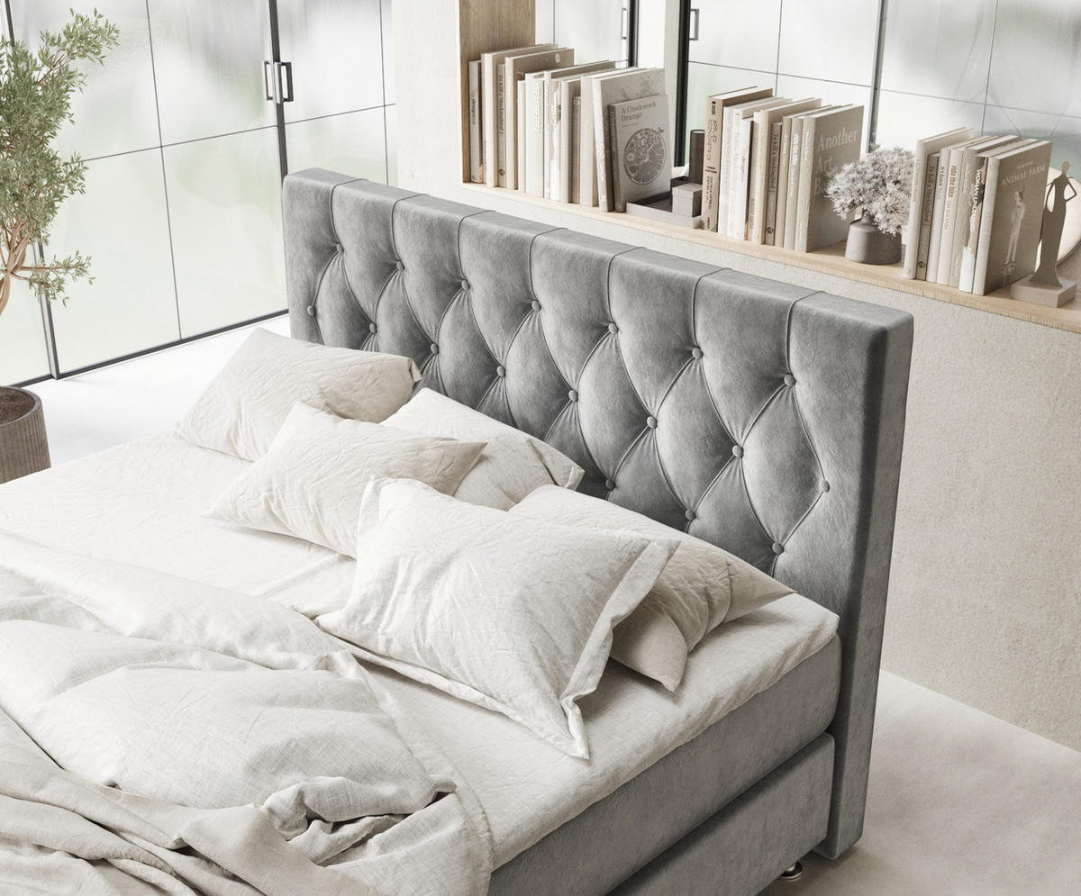 BOXSPRINGBETT Excelsior Grau 180/200 cm mit Latex-Topper - Silberfarben/Grau, Holz/Holzwerkstoff (180/200cm) - Maison de Reve