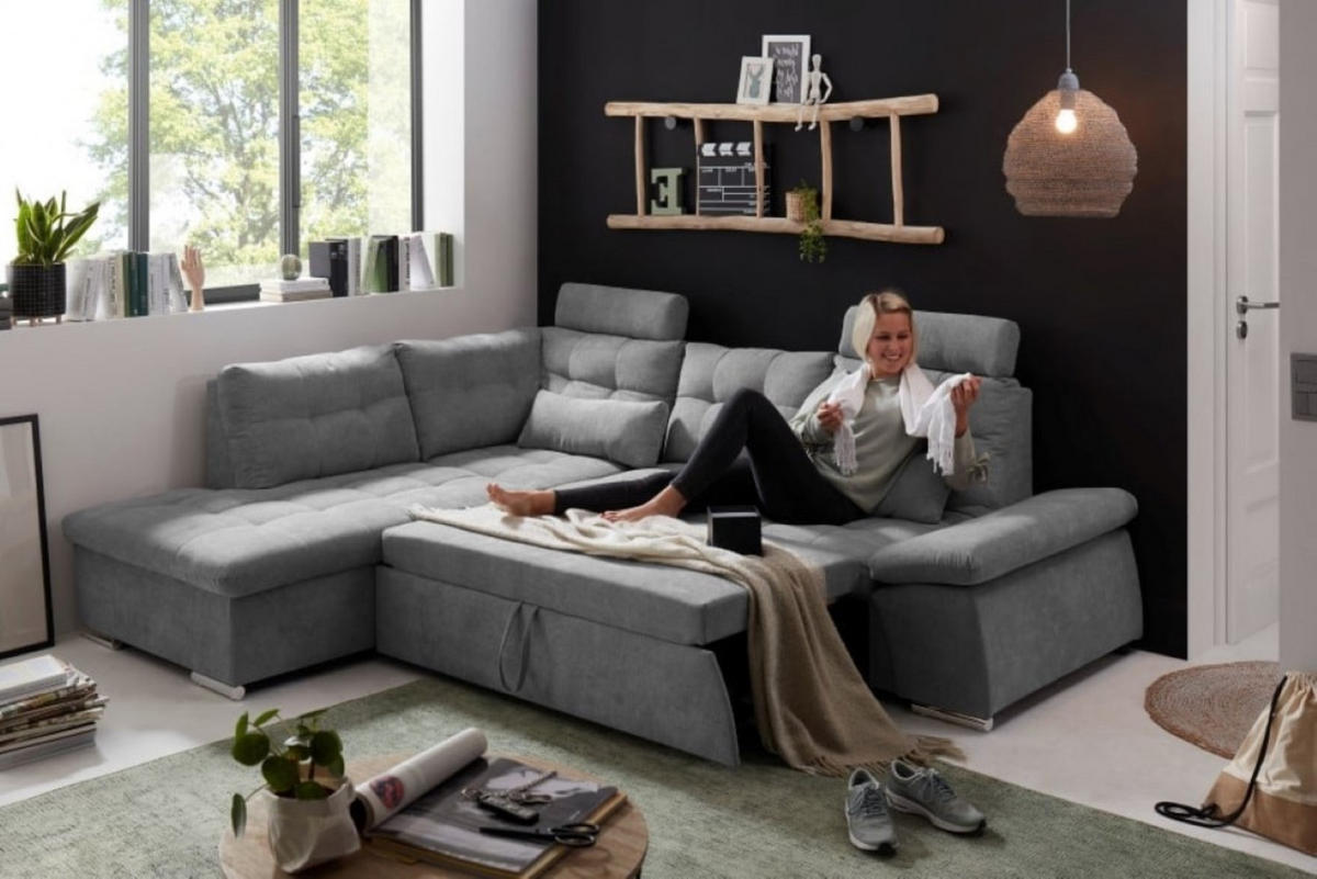 ECKSOFA mit Schlaffunktion, Bettkasten und verstellbarer Armlehne - Chromfarben/Dunkelgrau, Textil (260/219cm) - ed exciting design