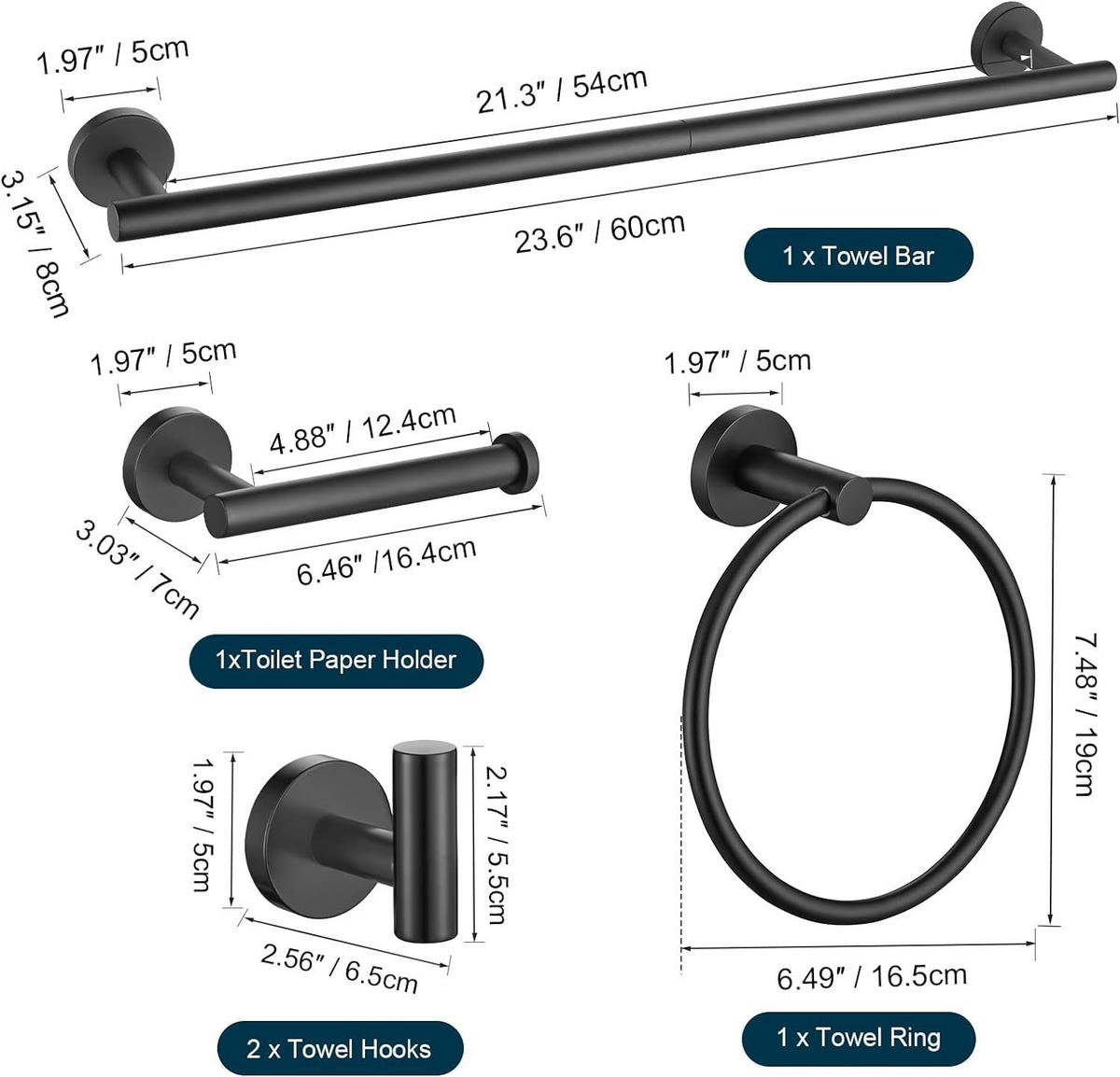 BADEZIMMER-REGAL-SET, schwarz, 34/17/6 cm - Schwarz, Metall (17/6/34cm)