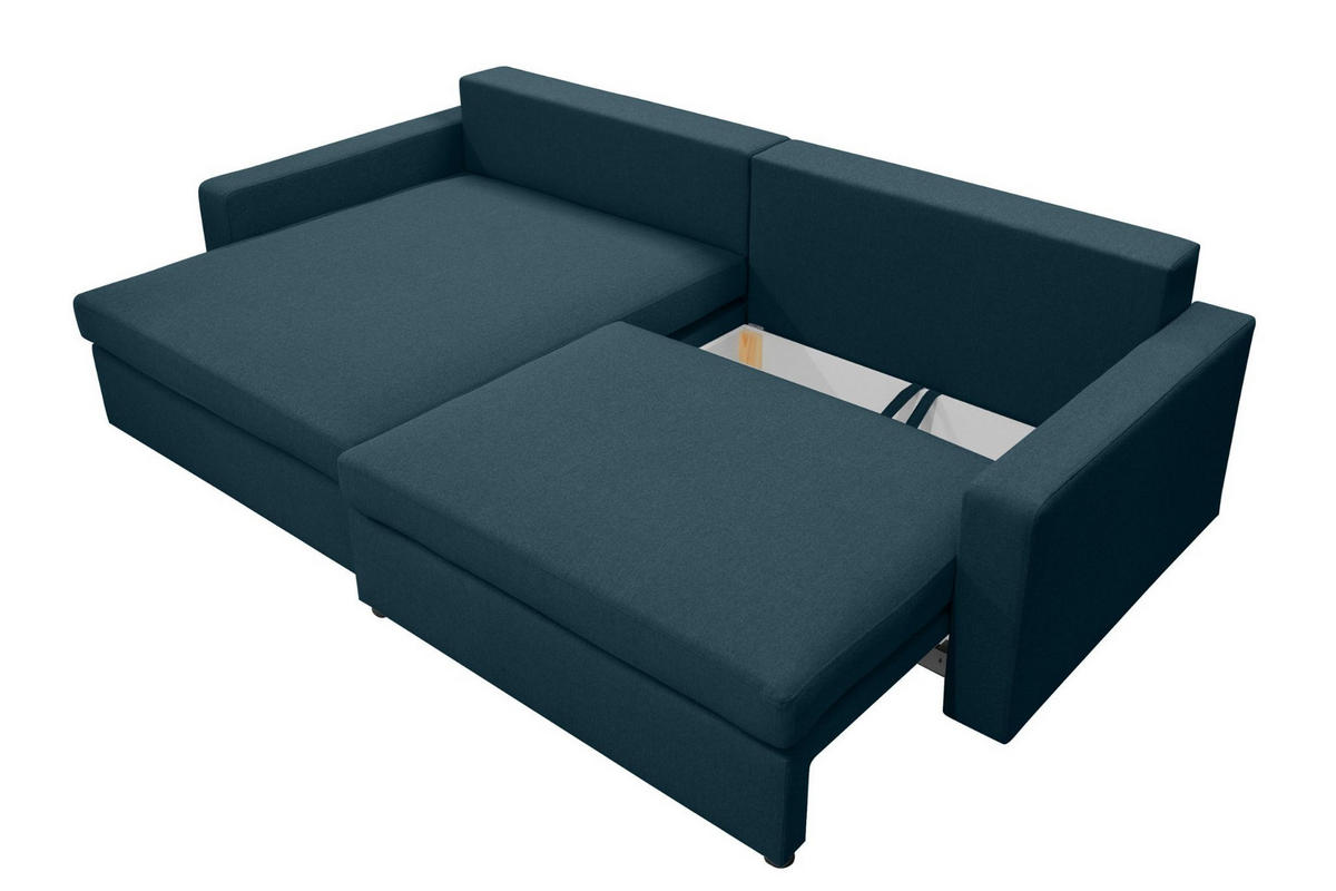 ECKSOFA Mit Schlaffunktion Und Bettzeugablage LUBEKA Stoff Faro Azurblau Links - Dunkelblau, Holz (140/147cm) - Kaiser Möbel