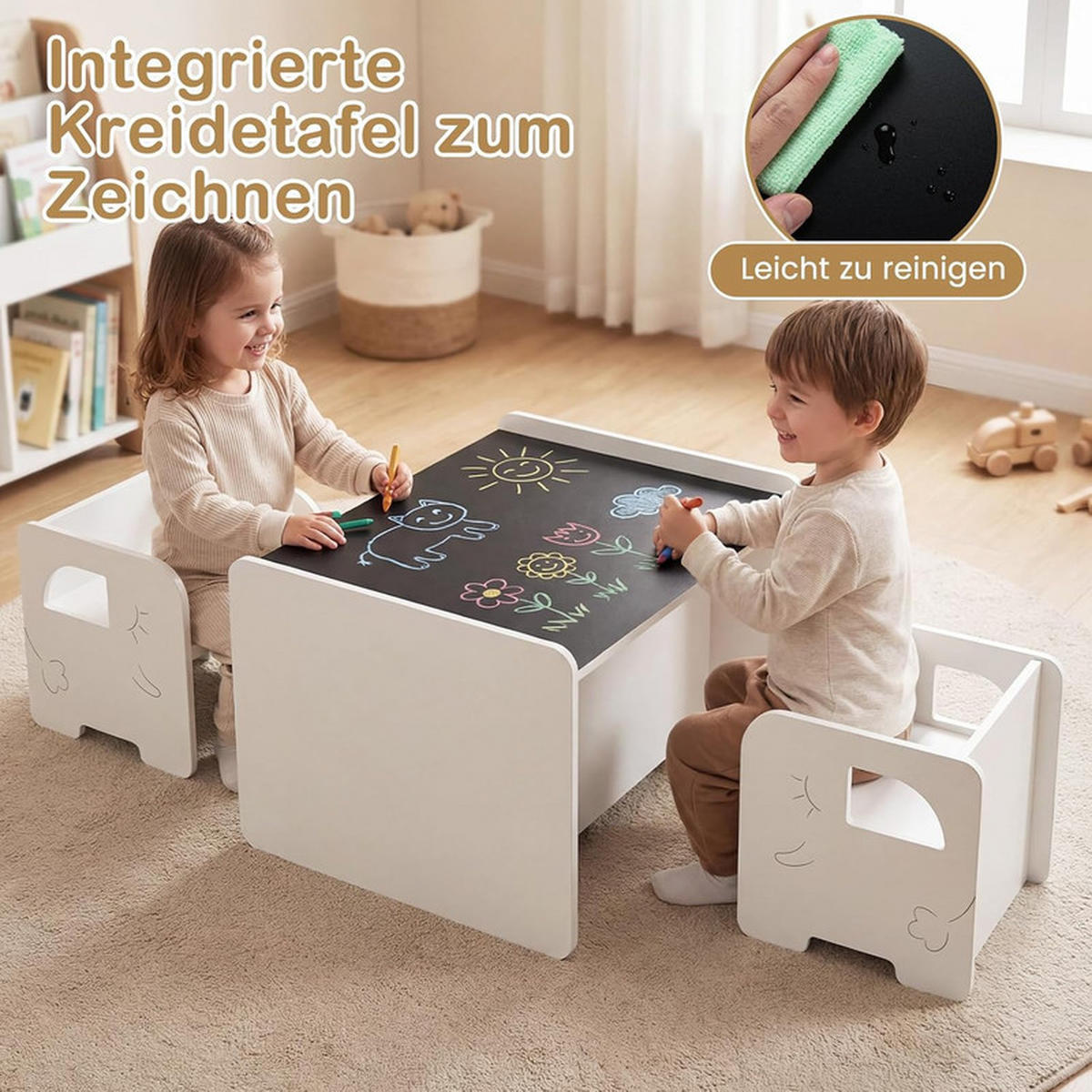 KINDERTISCH mit Stuhl weiß(3-tlg) - Weiß, Holzwerkstoff (62.5/40/48cm) - COSTWAY