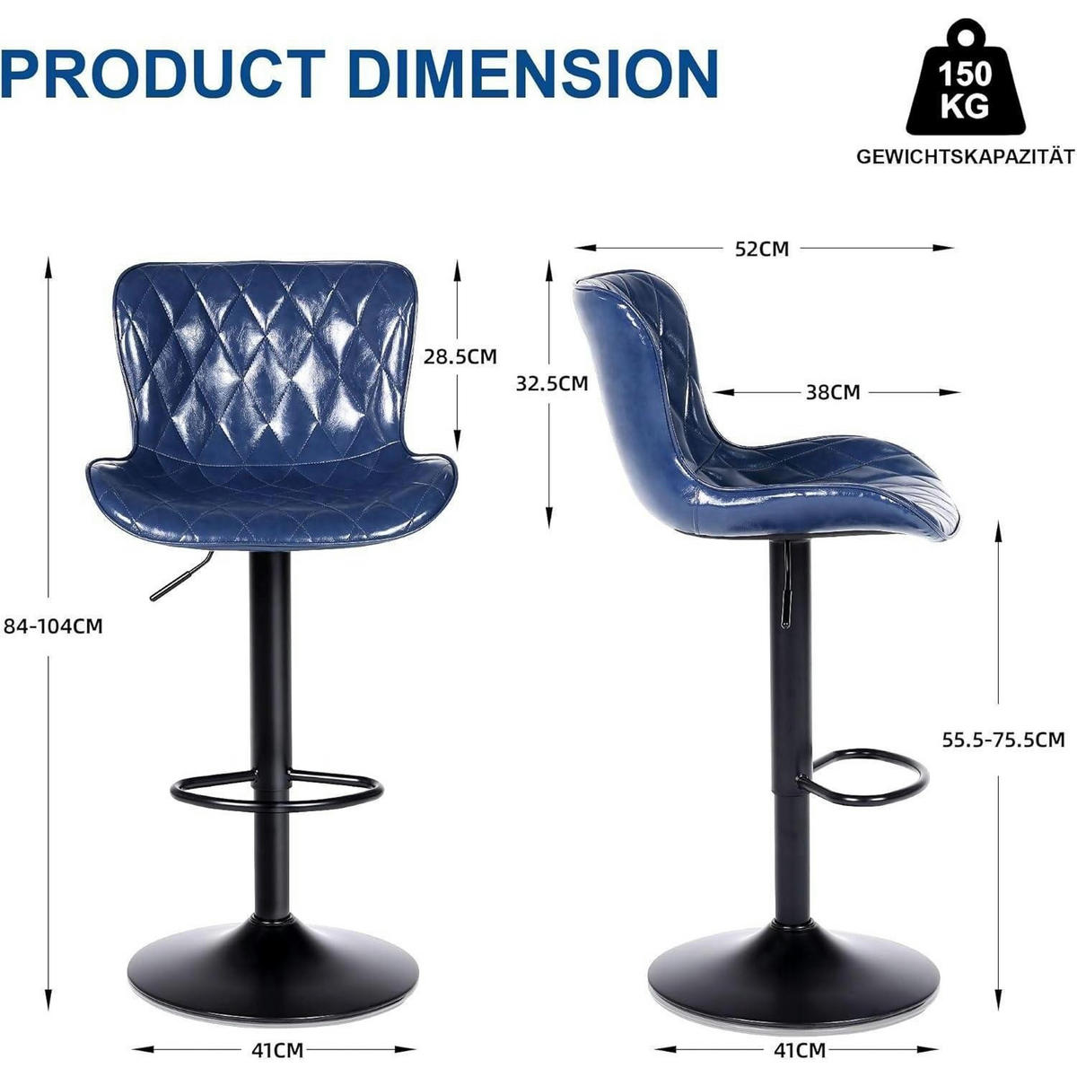 BARHOCKER 2er-Set Leder Blau Höhenverstellbar mit Lehne - Blau, Leder (41/104/52cm)