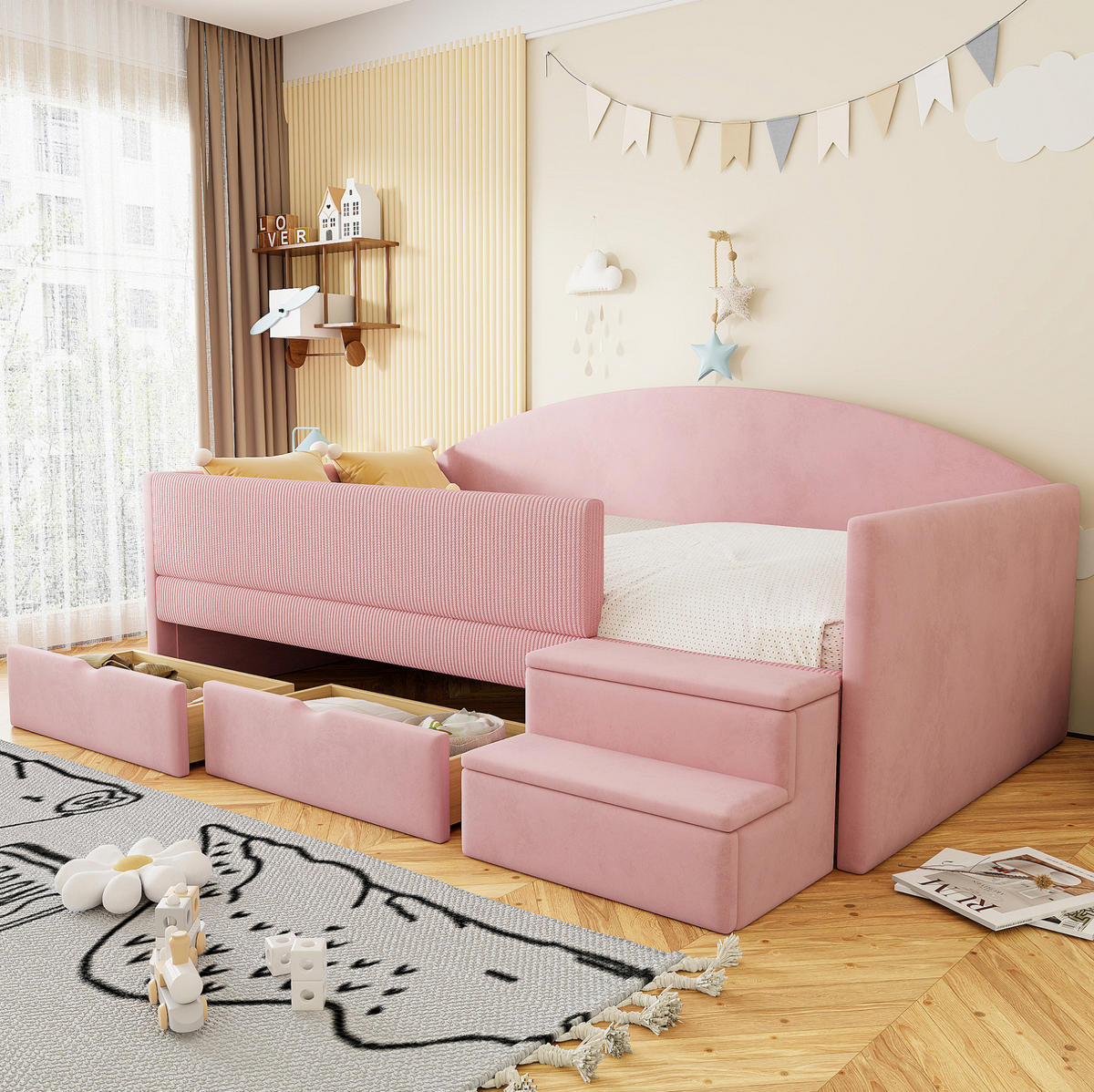 ČALOUNĚNÁ postel, 90/190 cm, růžový samet, se schůdky a 2 zásuvkami - růžová, textil (90/190cm) - Modenvie