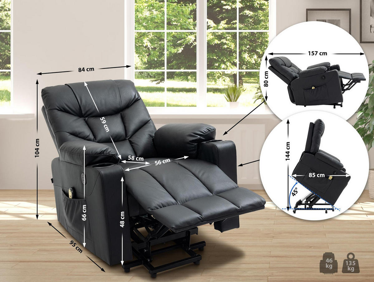 SESSEL Echtleder schwarz - Schwarz, Leder/Metall (84/104/95cm) - CLP