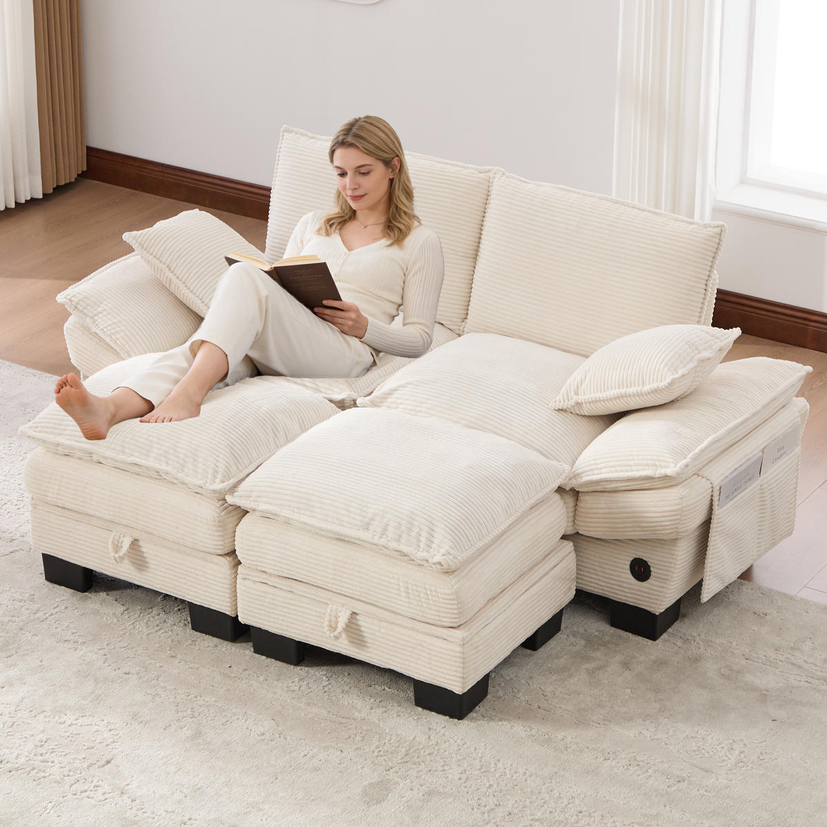 2-SITZER SOFA Cord Beige mit USB-C und Seitentaschen - Beige, Holzwerkstoff/Kunststoff (190/84/132cm) - WISHDOR