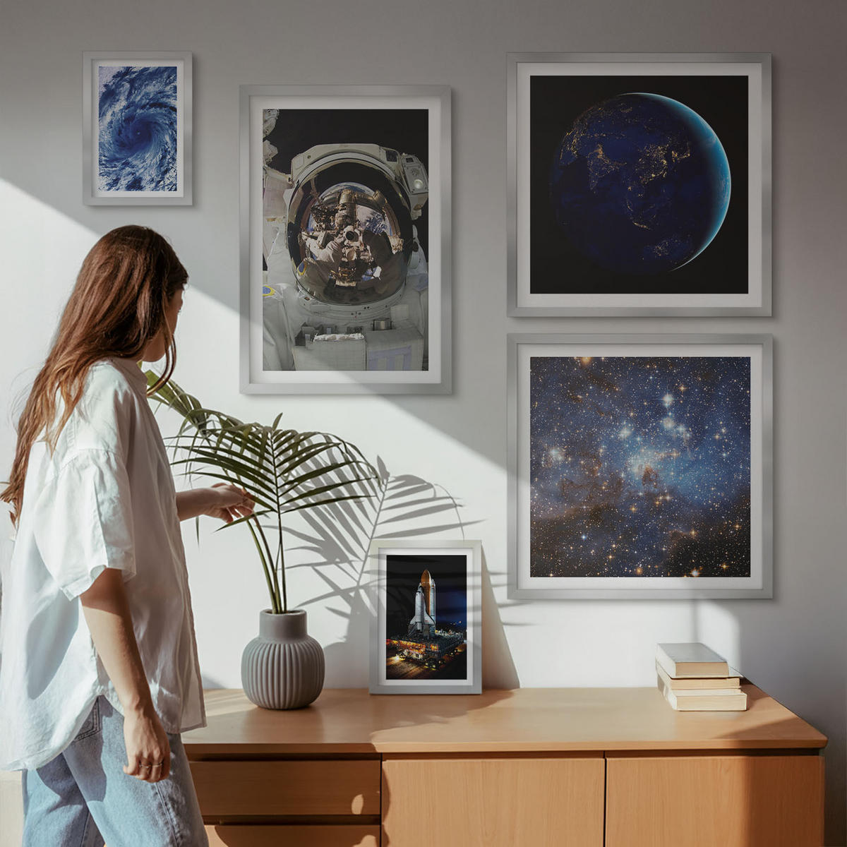 BILDER SET 5er Set - 50x50 cm & 20x30 cm & 40x60 cm Silberner Rahmen - Weltraum Erde Astronaut Rakete - Silberfarben, Kunststoff (40/60cm) - TULUP