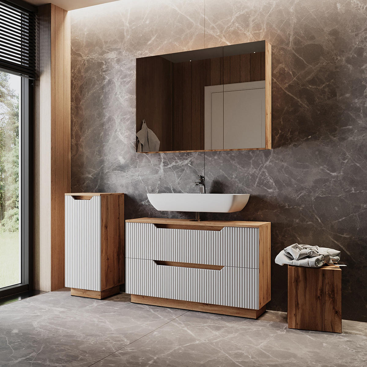 BADMÖBEL-SET Lotta Eiche/weiß gestreift 3 Teile - Eichefarben/Weiß, Holzwerkstoff (99.4/62.5/32cm) - Vicco