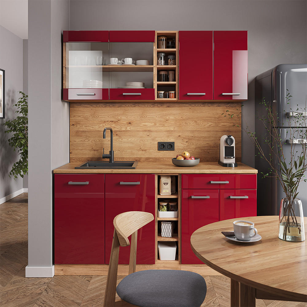 SINGLEKÜCHE R-Line Rot Hochglanz/Goldkraft Eiche 160 cm ohne AP - Bordeaux/Eiche Wotan, Holzwerkstoff (160/81.6/46cm) - Vicco