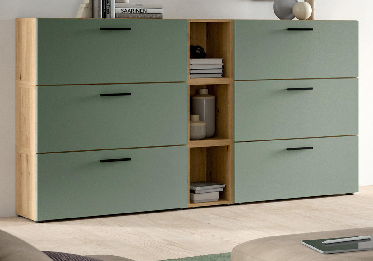 SIDEBOARD grün, Eiche Artisan 176 cm, Kommode mit Soft-Close - Schwarz/Eiche Artisan, Holzwerkstoff/Kunststoff (176/99/34cm) - Inn.Furn