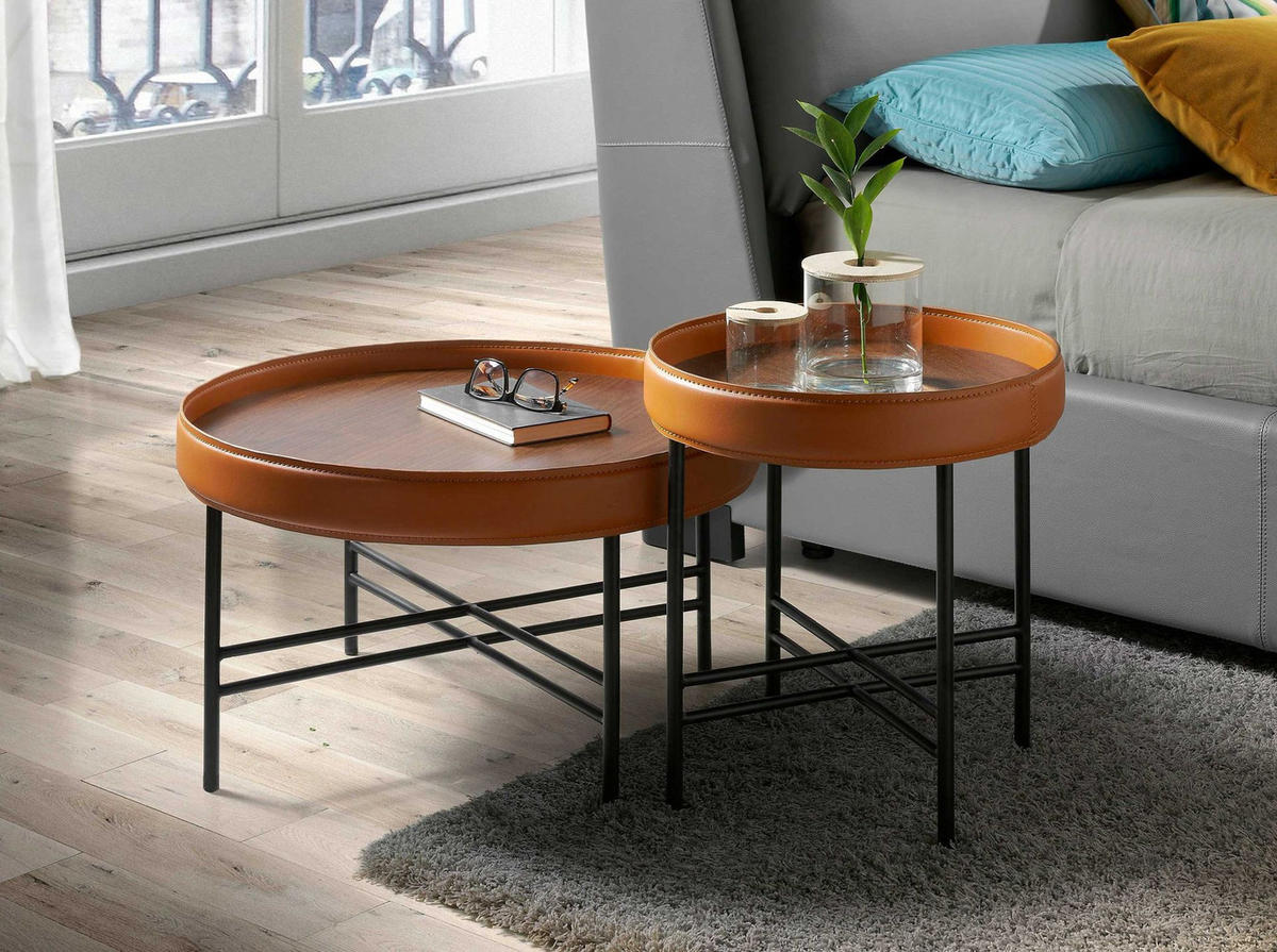 COUCHTISCH Runder Couchtisch aus Kunstleder, Nussbaum und schwarzem Stahl Ø62/35 cm - Nussbaumfarben/Schwarz, Metall (62/62/35cm) - ANGEL CERDA