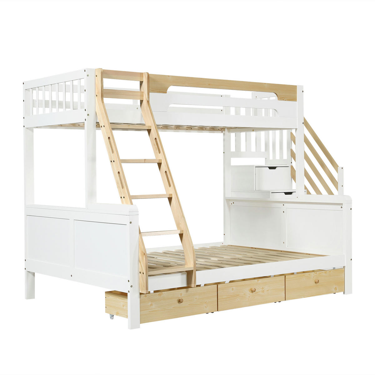 ETAGENBETT 90/140/200 cm mit Stauraumtreppe, DE-41778, in Weiß/Natur - Weiß/Naturfarben, Holzwerkstoff (140/200cm) - ComfortXL