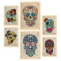 POSTER Set Mit 6 Vintage Skulls Sammlung A3 & A4 Rahmen Aus Hellem Holz - Beige, Papier (29/3cm) - Nacnic