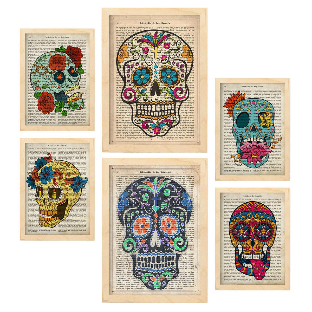 POSTER Set Mit 6 Vintage Skulls Sammlung A3 & A4 Rahmen Aus Hellem Holz - Beige, Papier (29/3cm) - Nacnic