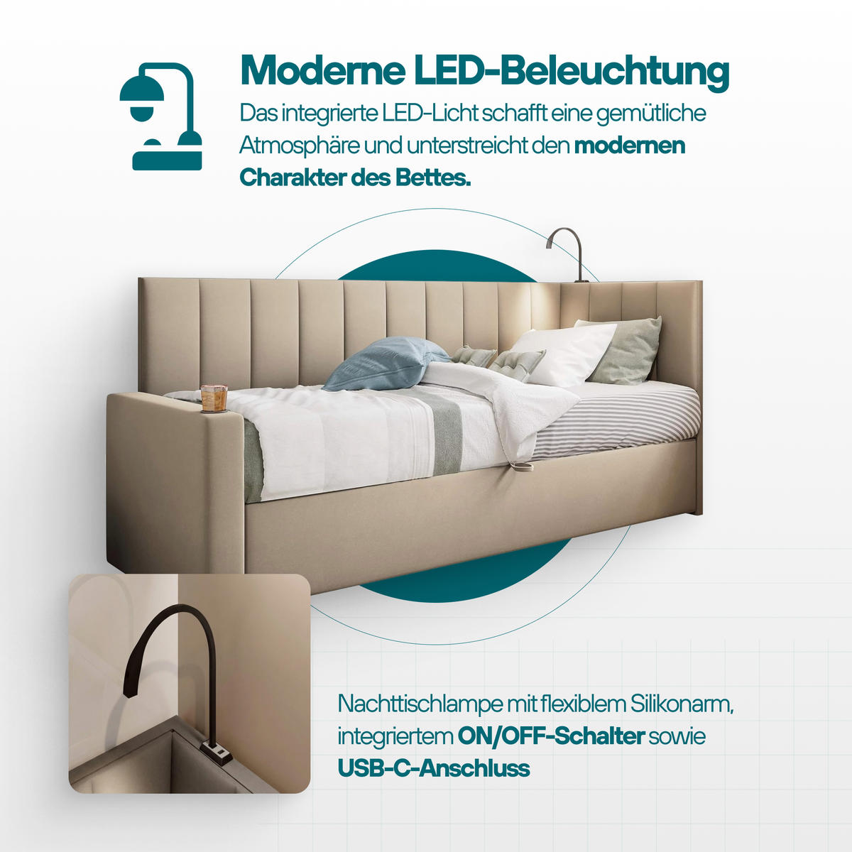 JUGENDBETT, 80 x 200 cm, Tokio, Bett mit Bonellmatratze H3 und Bettkasten, Einzelbett, Grau - Grau, Holzwerkstoff/Kunststoff (80/200cm) - Trada