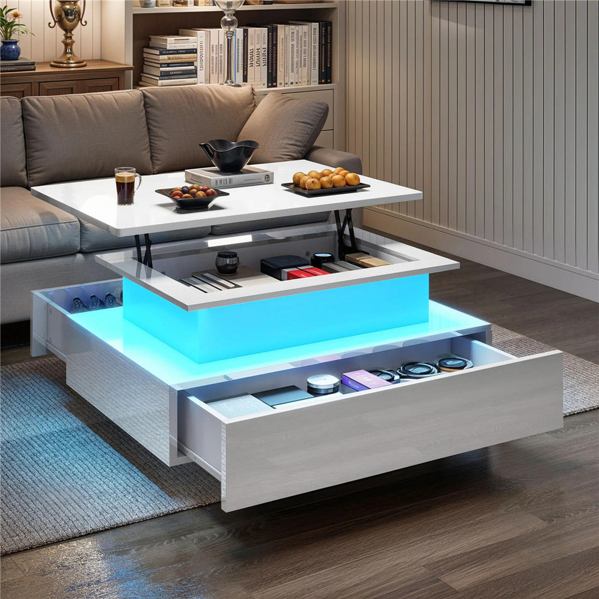 COUCHTISCH Lift-Top LED 16 Farben 2 Schubladen Weiß modern - Weiß, Holz (55/85/56cm) - Kaket