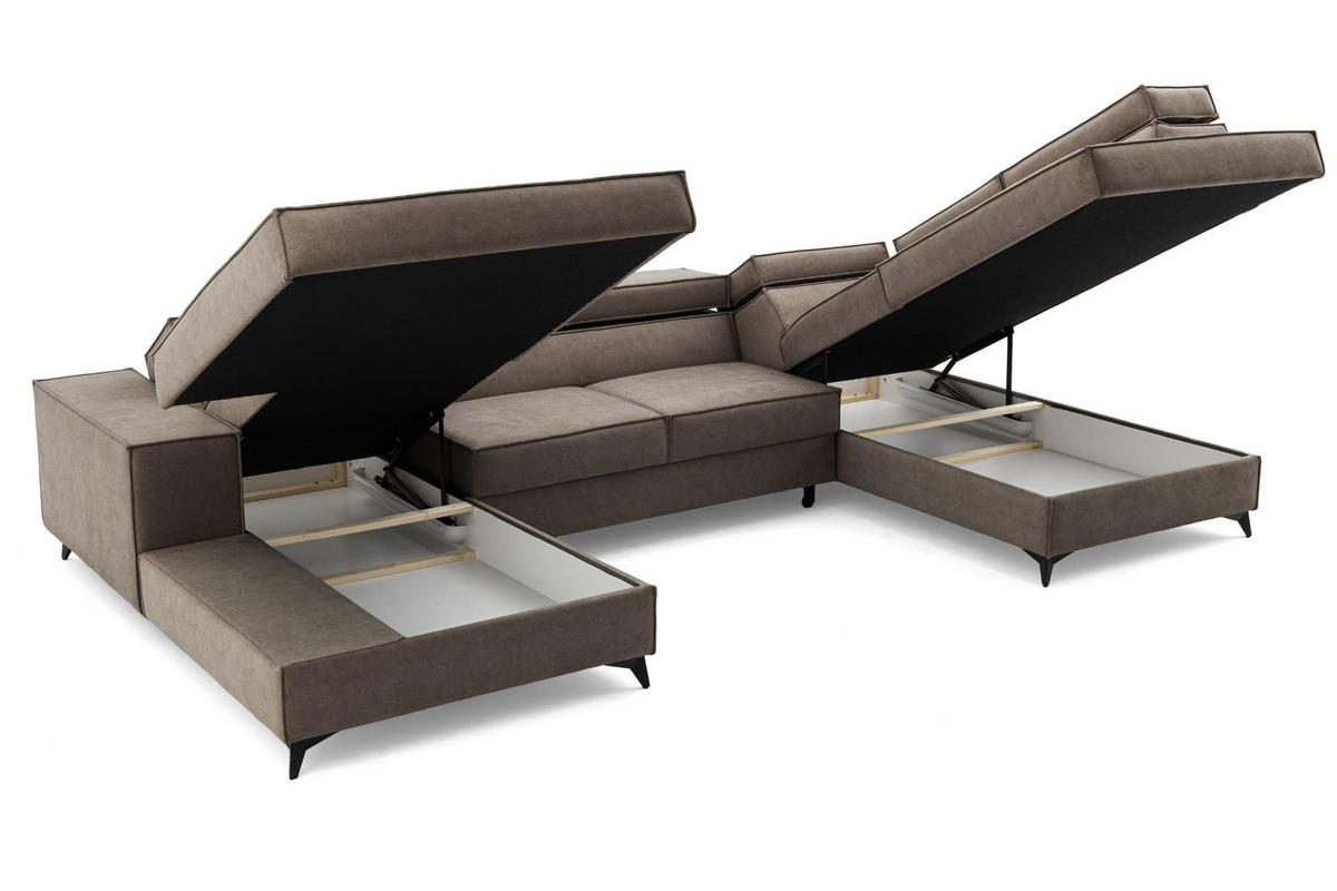 ECKSOFA PURE U Rechts mit Schlaffunktion 127x270 Velours Beige - Beige/Schwarz, Holz/Textil (204/340cm) - Muffo