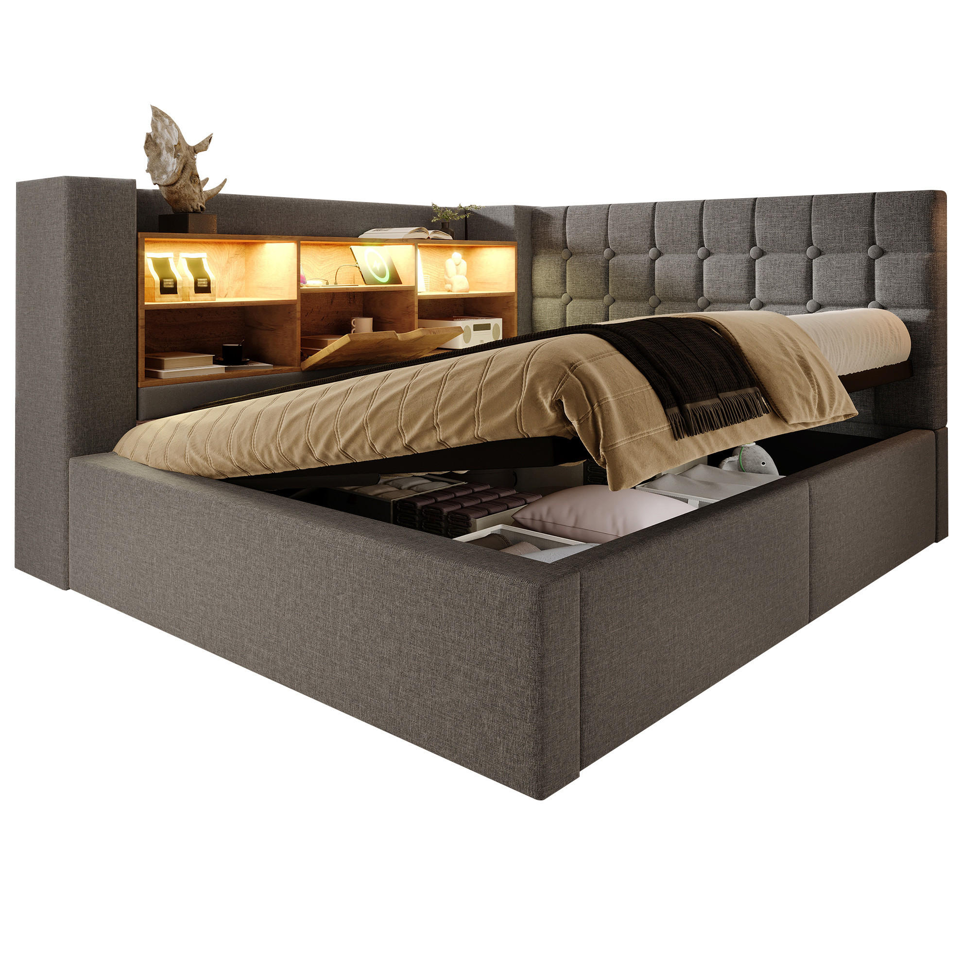 POLSTERBETT 140/200 cm mit LED-Beleuchtung, Bettkasten und flexiblem Kopfteil - Grau, Textil (140/200cm) - BEAOK