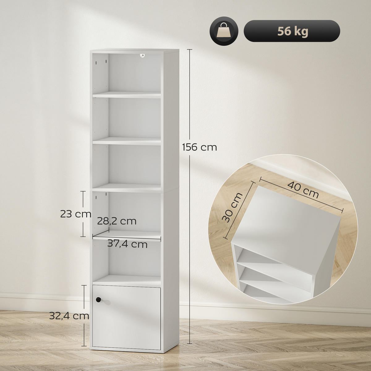 REGAL DE-15549 40/30/156 cm, 3 verstellbare Böden + Schrank Weiß - Weiß, Holzwerkstoff (40/156/30cm) - ComfortXL