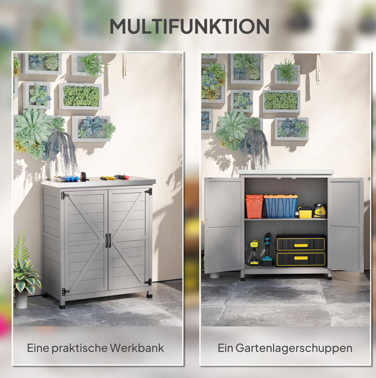 GARTENKOMMODE 79/92/43 cm Grau aus Holz mit verzinkter Tischplatte - Grau, Holz (43/92/79cm) - OKMYHOME