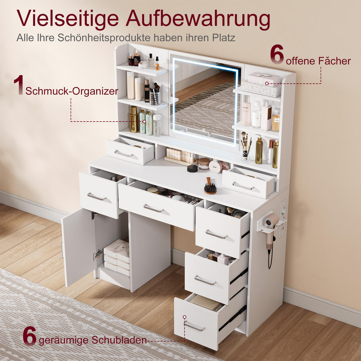 SCHMINKTISCH mit LED-Spiegel, großem Stauraum und Steckdose - Weiß, Holz (110/140/40cm)