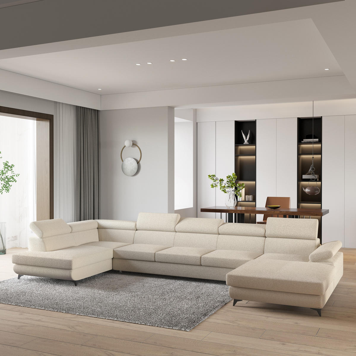 WOHNLANDSCHAFT MONTIVA Creme Boucle-Stoff mit Schlaffunktion - Creme, Holz (410/89/190cm) - MASSENO