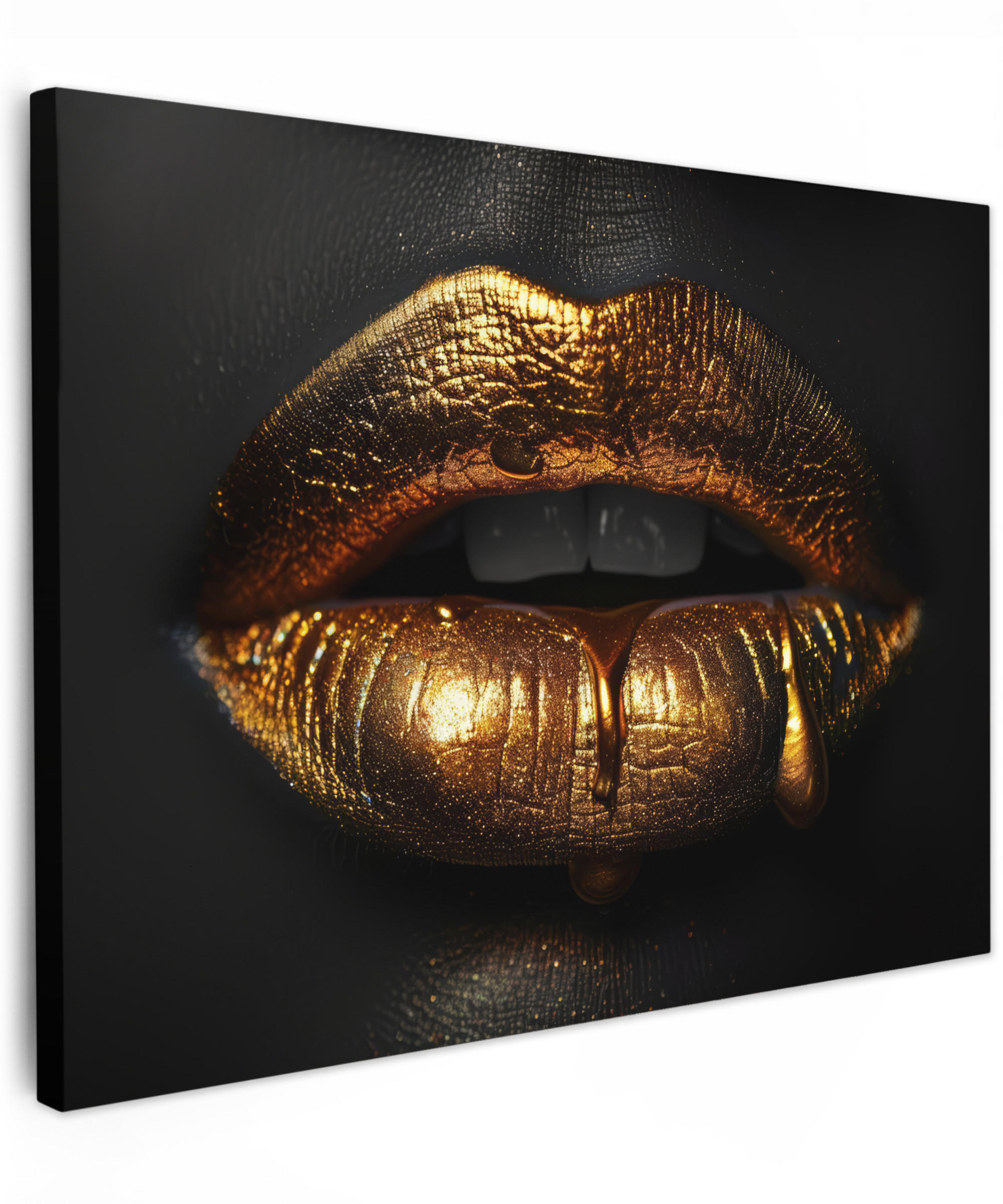 LEINWANDBILD Frau - Porträt - Lippen - Gold - Schwarz 40x30 cm - Schwarz, Textil (40/30cm) - MuchoWow