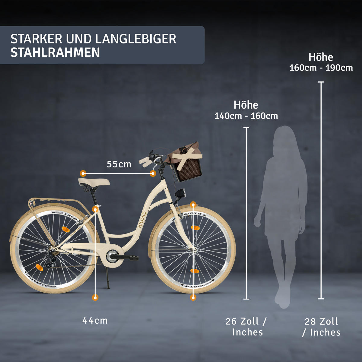 CITY-FAHRRAD Milord mit Metallkorb, 28 Zoll, Creme-Braun, 7-Gang - Creme/Braun, Metall (46cm) - Milordbikes