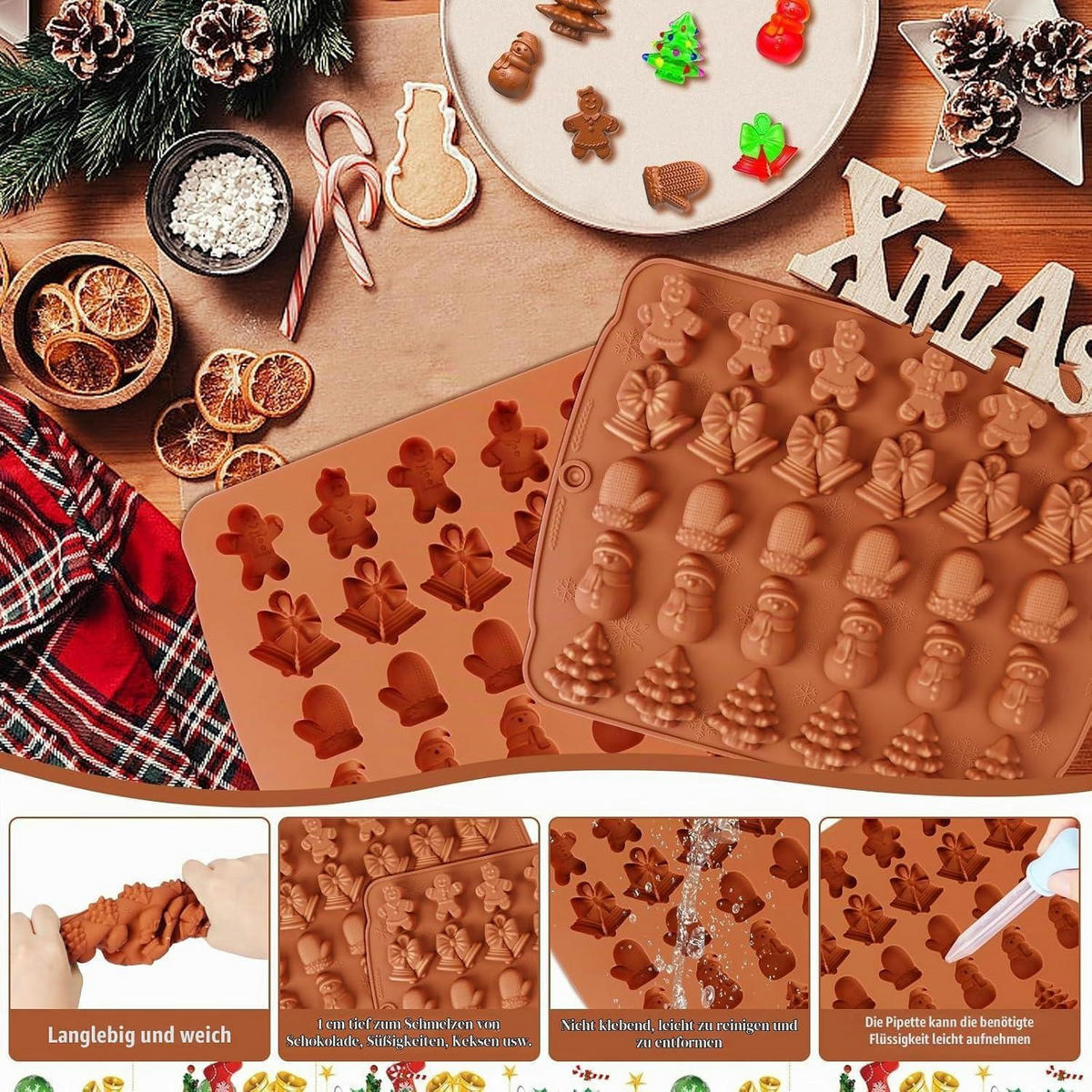 SCHOKOLADENFORMEN 2-teiliges Set Silikon Weihnachten 30 Hohlräume - Braun, Kunststoff