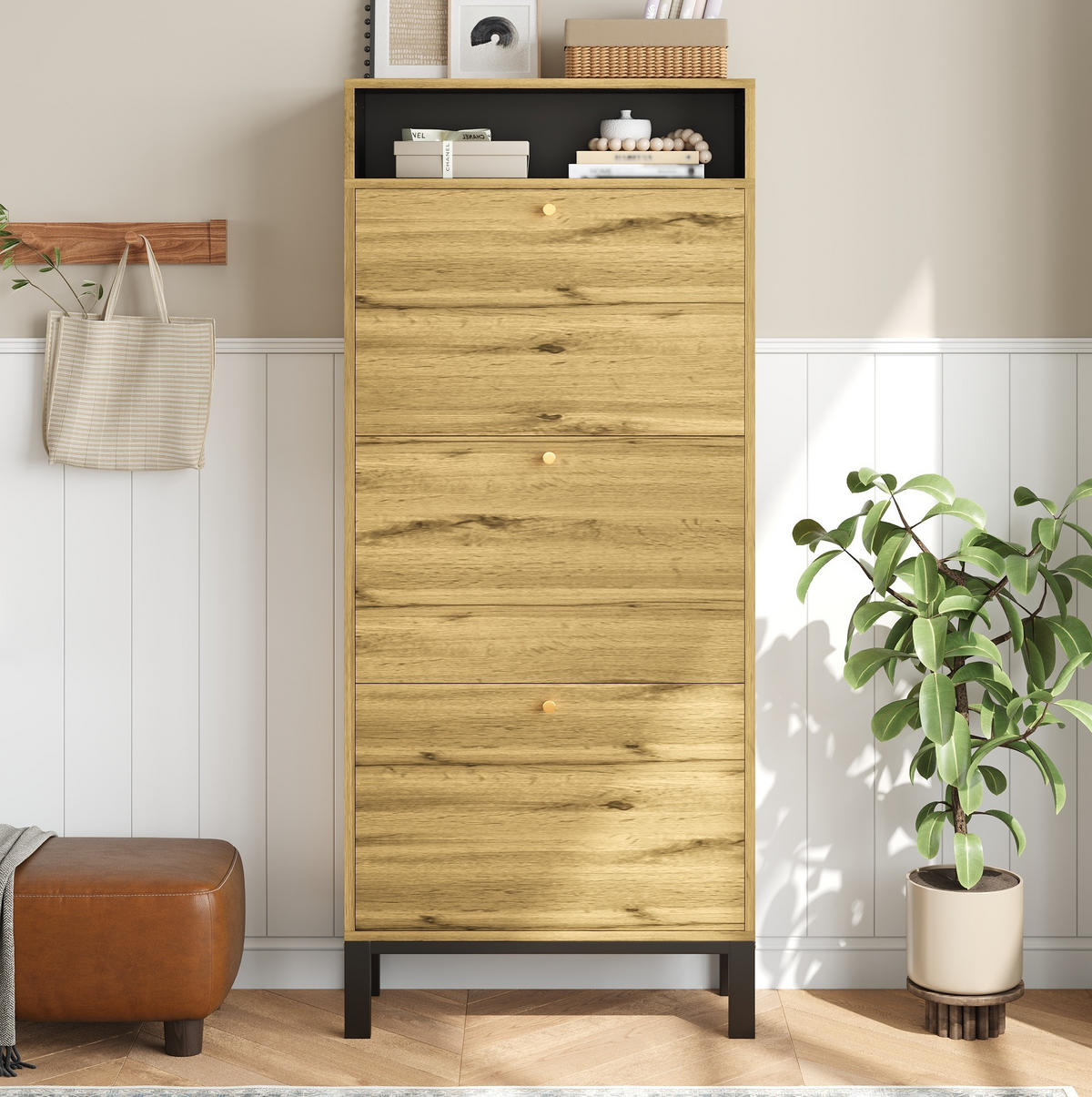 SCHUHSCHRANK 63/24/147 cm natur aus MDF mit 3 Klappen - Naturfarben, Holzwerkstoff (63/147/24cm) - OKWISH