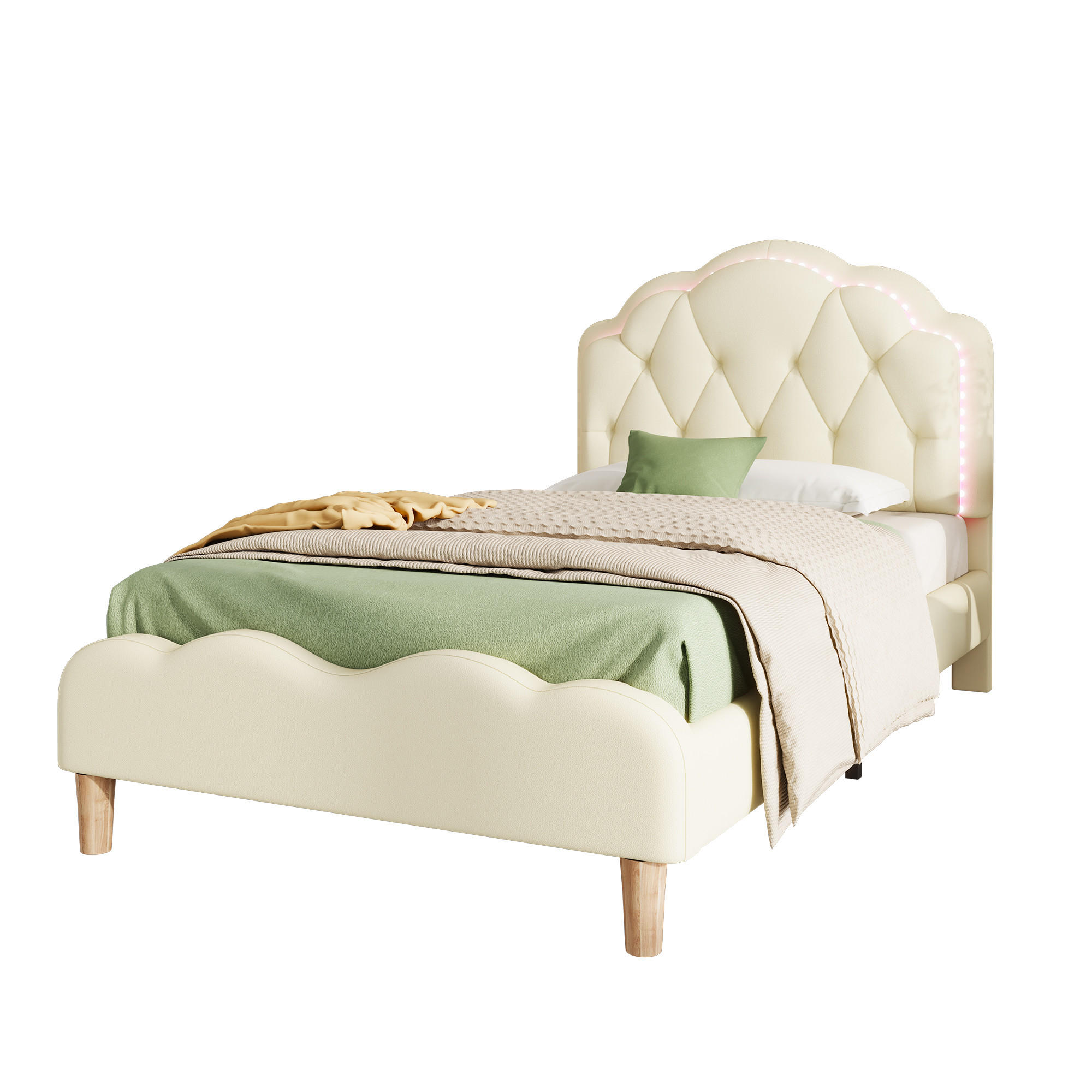 POLSTERBETT 90/200 cm Beige mit Wellenförmigem Kopfteil und LED-Beleuchtung - Beige, Kunststoff (90/200cm) - OKWISH