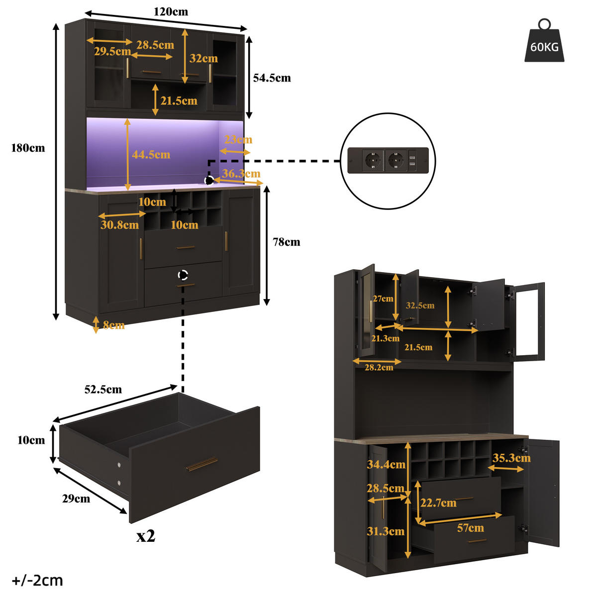 BUFFETSCHRANK Kombi Schwarz 120/36.3/180 cm - Schwarz, Holz (120/180/36.3cm) - PANGIVO
