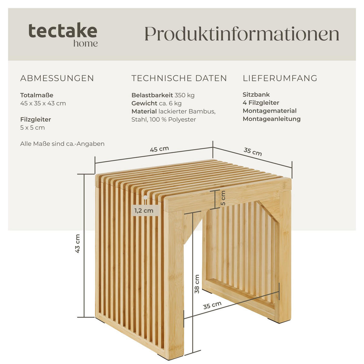 HOCKER Ribb, Belastbarkeit 350 kg, Bambus - Beige, Holz (45/43/35cm) - tectake