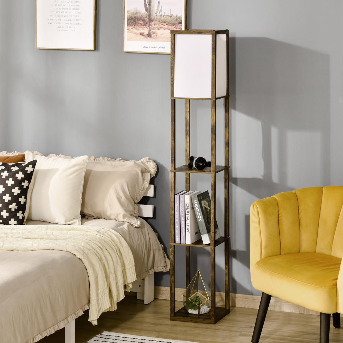 STEHLAMPE mit Regalen, Wohnzimmer Stehleuchte E27 bis 40W, Nachttischlampe - Braun, Textil (26/26/160cm) - HOMCOM