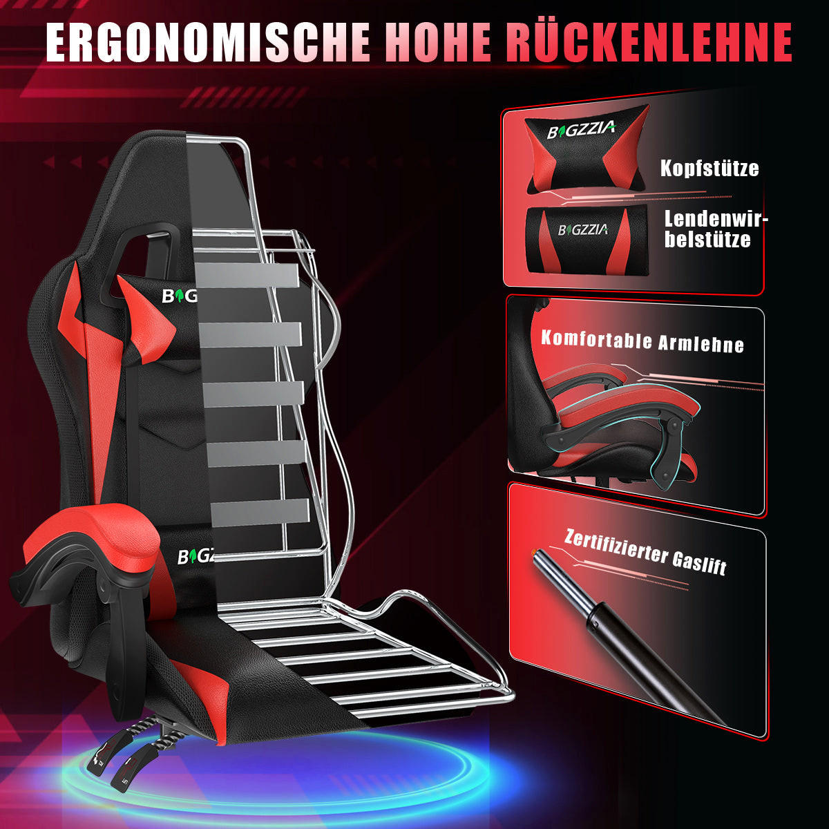 GAMING-STUHL LED, höhenverstellbar, Lenden- & Kopfstütze – Schwarz/Rot - Rot, Leder (53.5/117/54cm) - Rattantree