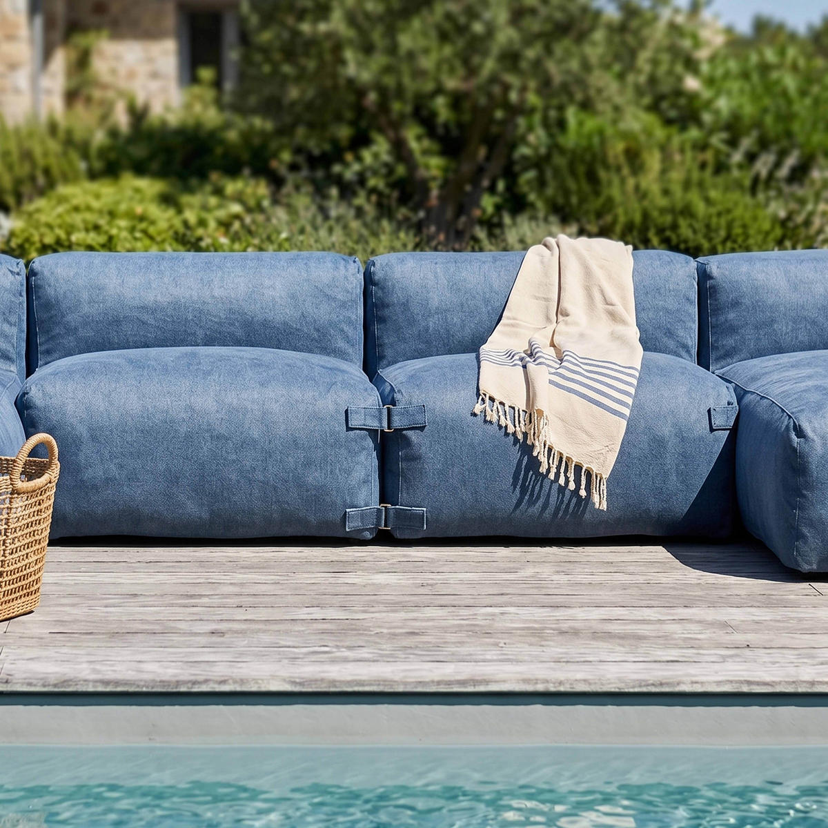 GARTENSOFA mit 5 Sitzplätzen, Pazifikblau - Blau, Textil - Oviala
