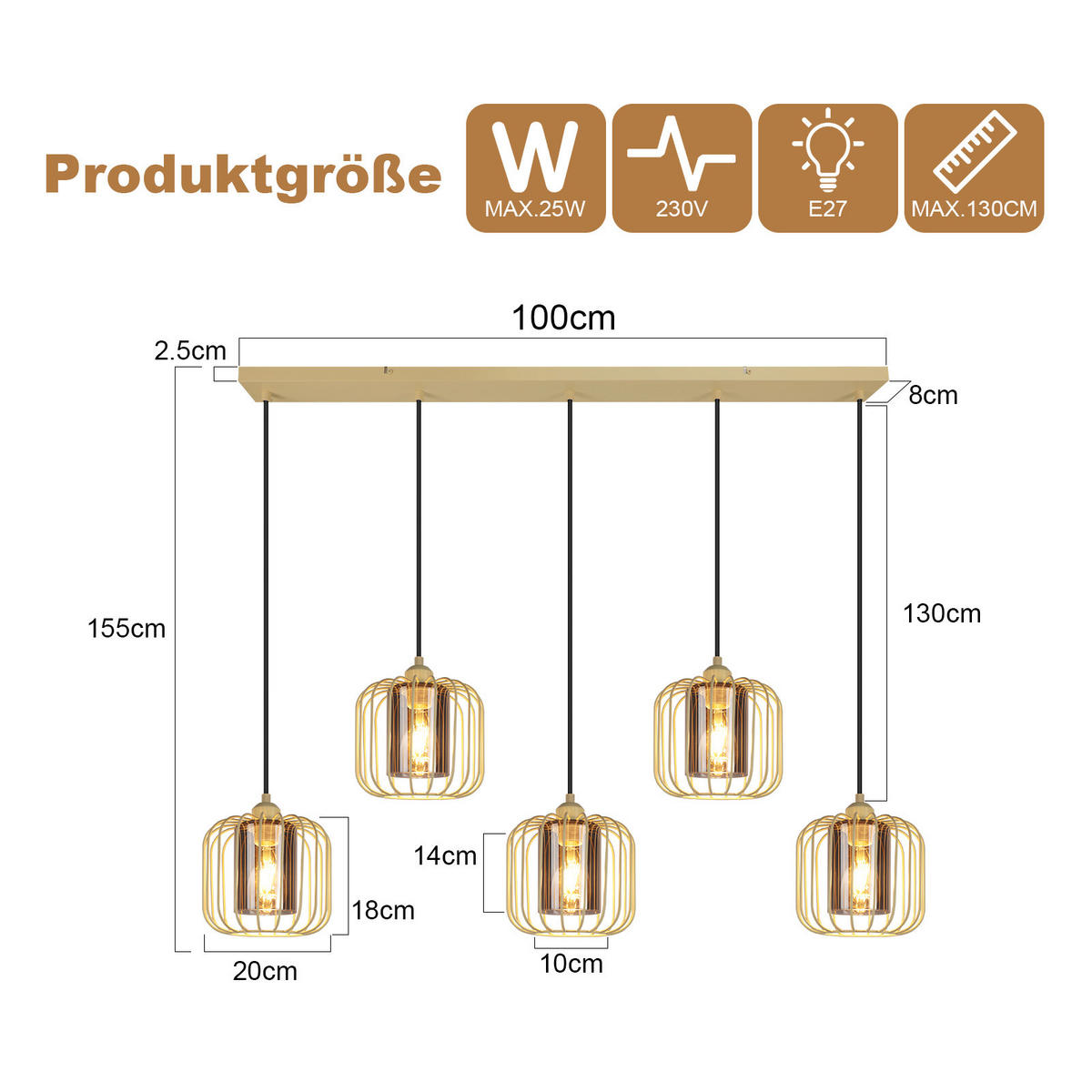 PENDELLEUCHTE Gideon 18/20/100 cm - Gelb, Metall (18/20/100cm) - ZMH