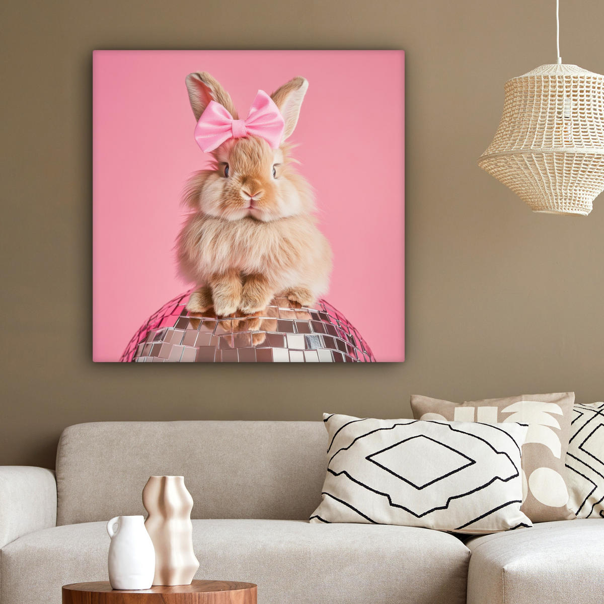 LEINWANDBILD Schleife - Discoball - Kaninchen Deko Groß 90x90 cm - Pink, Textil (90/90cm) - MuchoWow