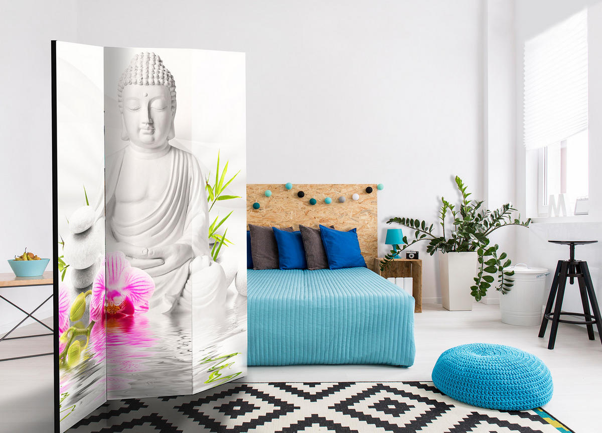 PARAVENT Beidseitig Bedruckter 3-tlg 135x172 cm Buddha Statue Orchideen - Multicolor, Holz/Textil (135/172/3cm) - Muralo