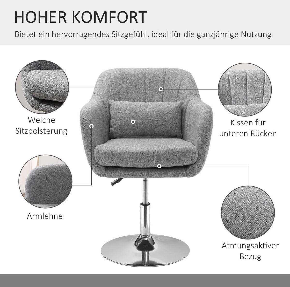 DREHSTUHL 60/79-91/60 cm Grau aus Polyester höhenverstellbar - Grau, Textil (60/91/60cm) - OKMYHOME