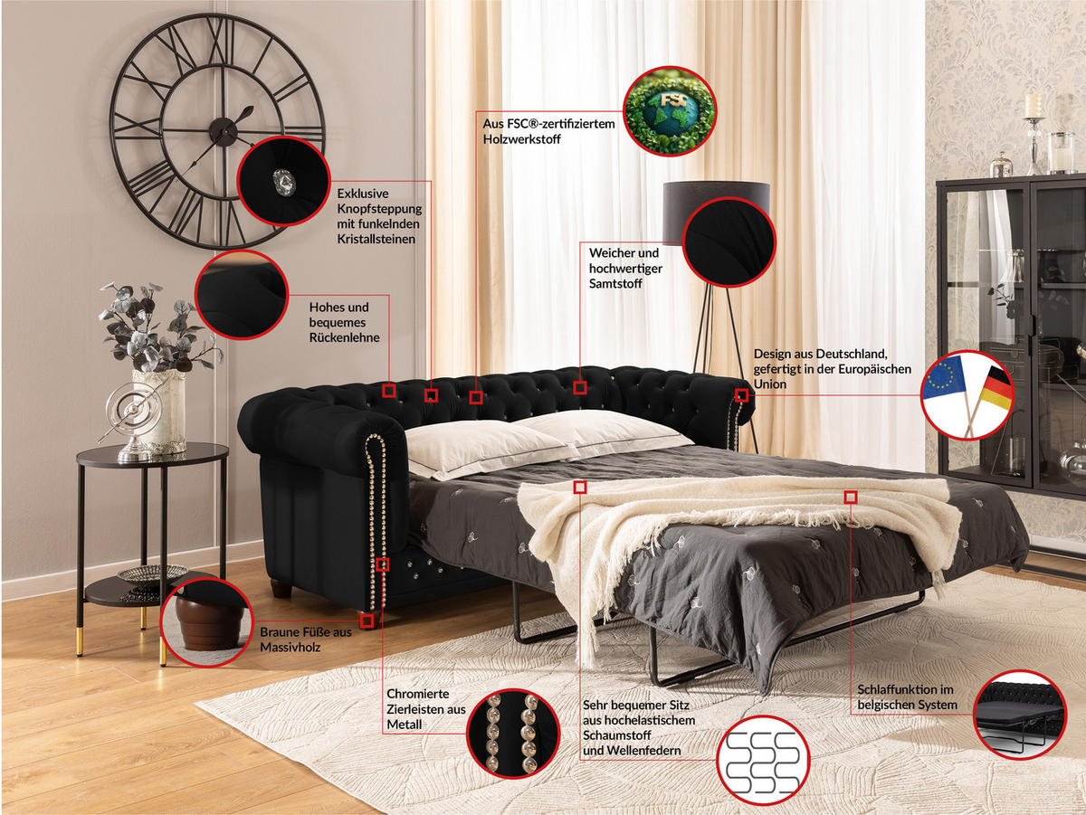 CHESTERFIELD-SOFA 3-Sitzer mit Schlaffunktion Cleo Blink Schwarz Samt mit Kristallsteppung und braunen Massivholzfüßen - Schwarz/Braun, Holz/Textil (203/72/86cm) - S-Style Möbel