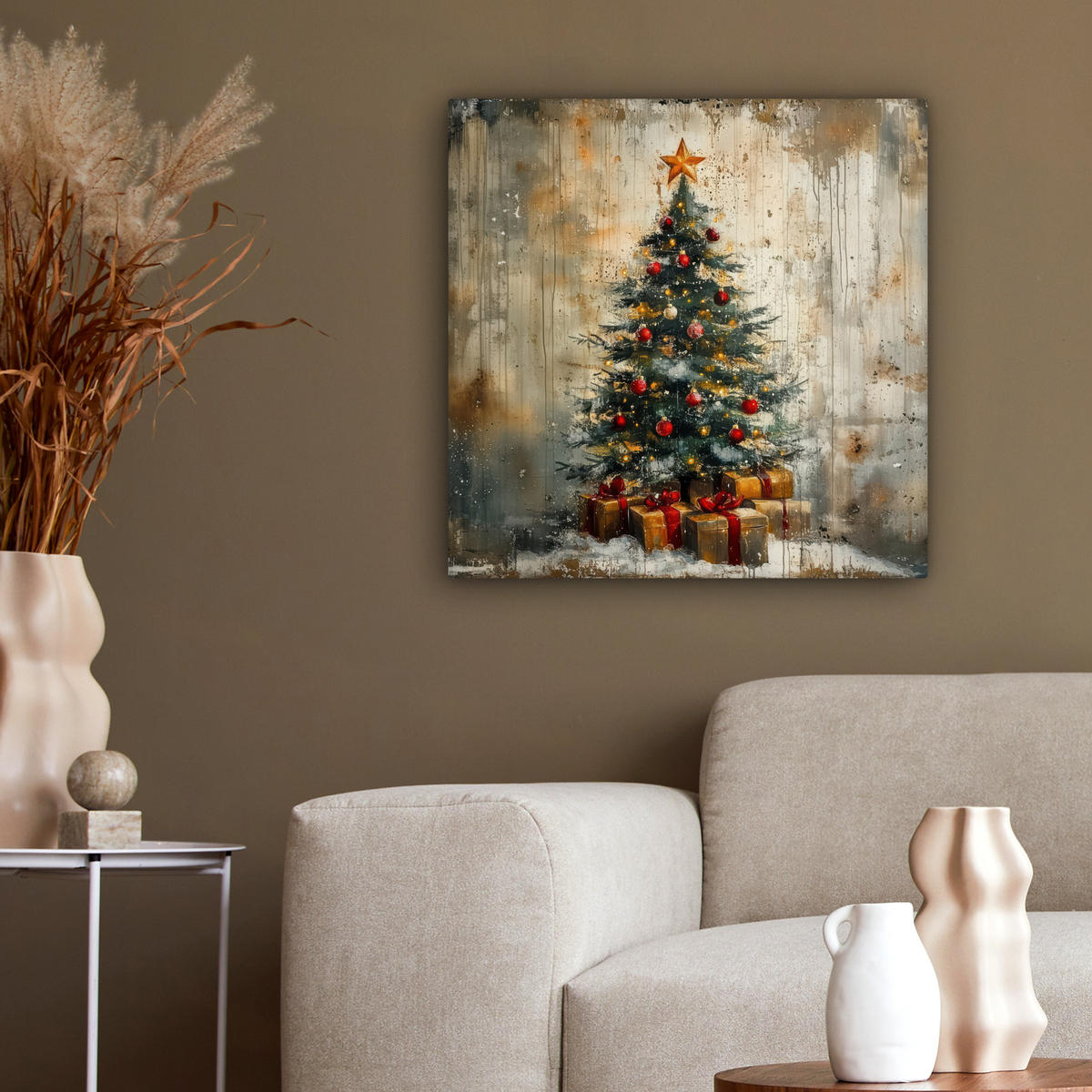 LEINWANDBILD Weihnachtsbaum - Vintage - Weihnachten - Geschenk 50x50 cm - Rostfarben, Textil (50/50cm) - MuchoWow