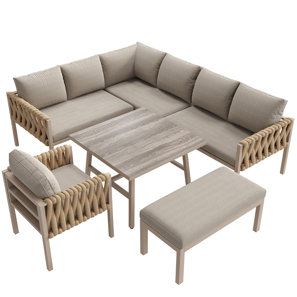 GARTENMÖBELSET mit Metallgestell, Ecksofa + Tisch mit Glasplatte, 238/61/78 cm, Beige - Beige, Metall - Redom