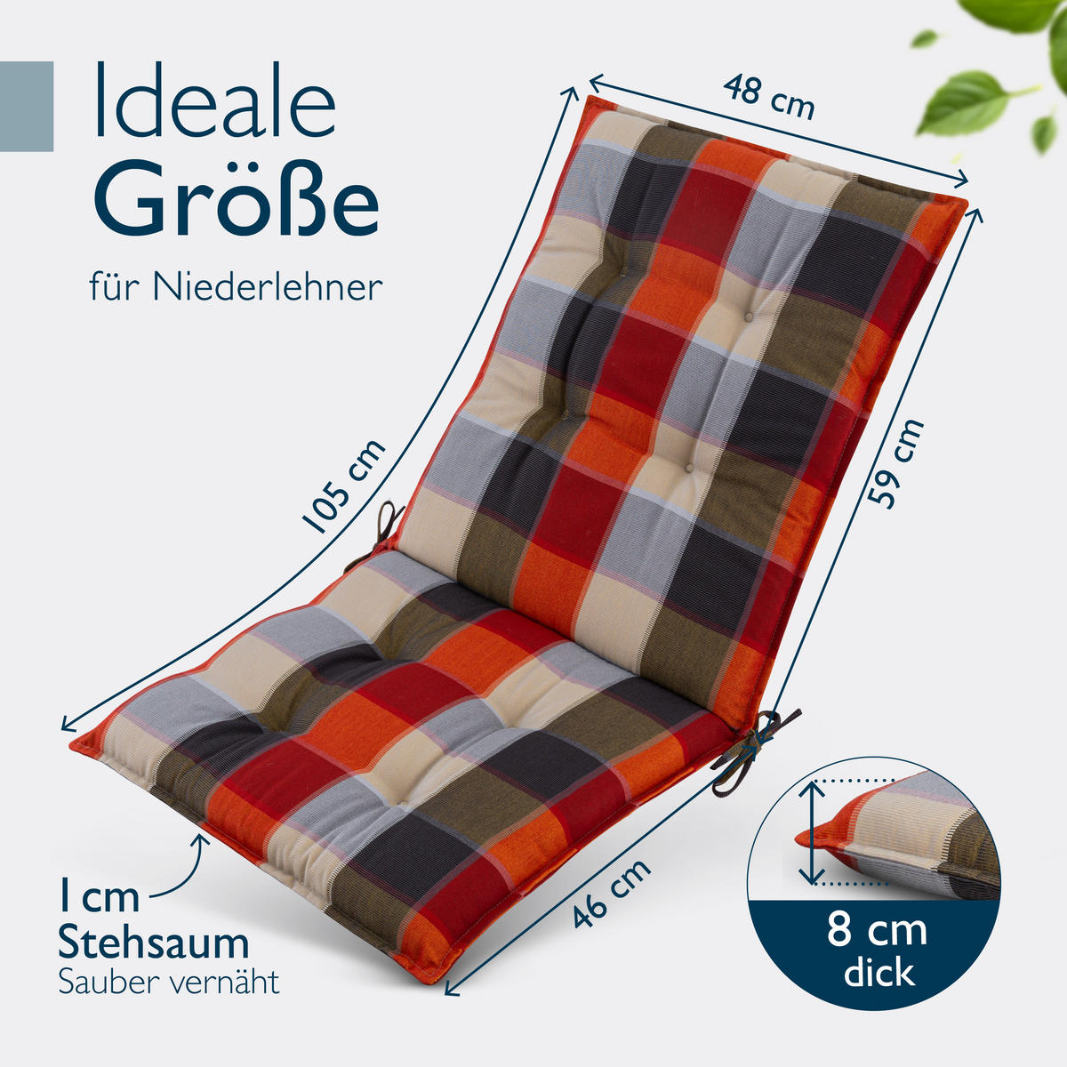 NIEDERLEHNERAUFLAGE Sun-NL 105/50/8cm Orange-Grün-Kariert - Multicolor, Textil (50/8/105cm) - Beautissu 