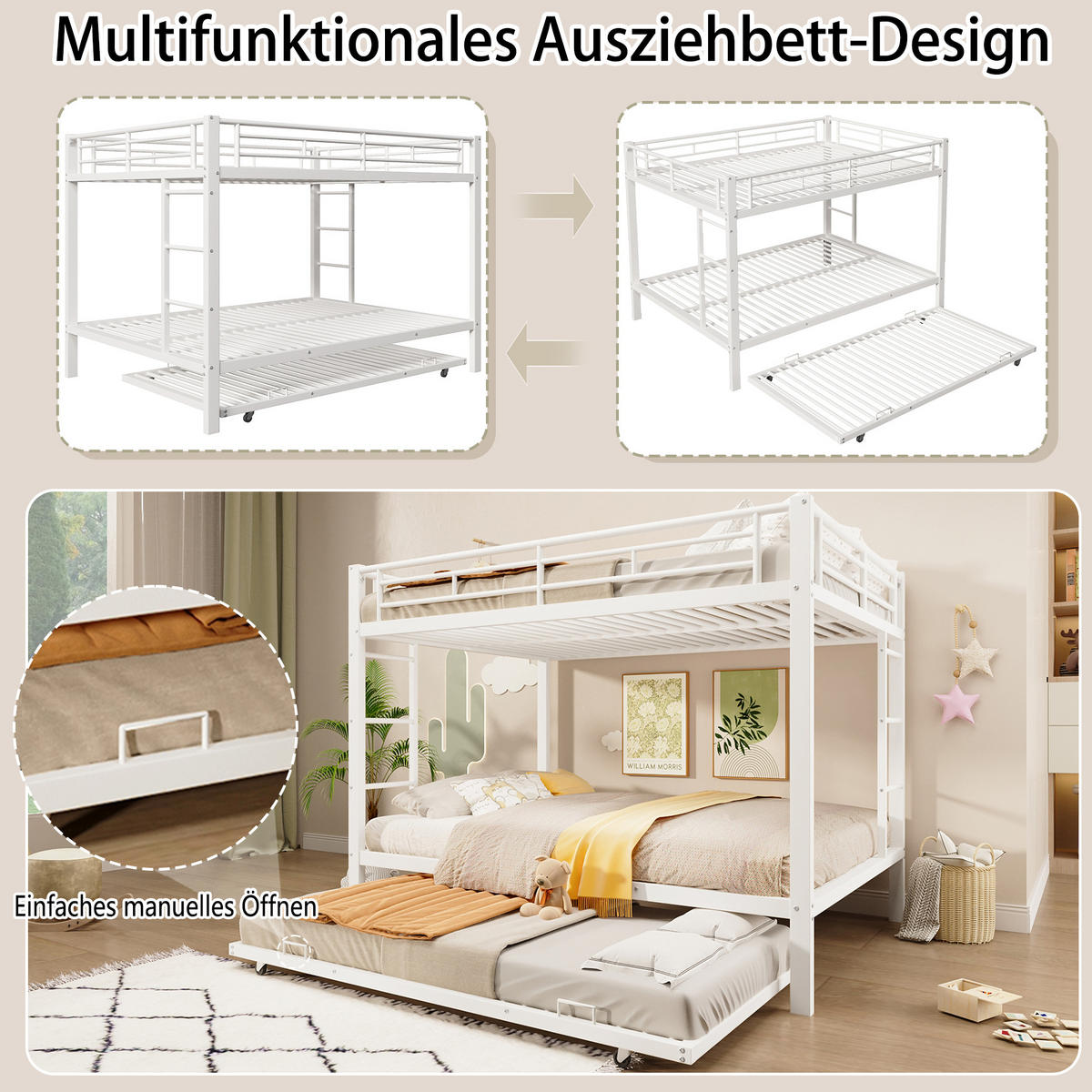 ETAGENBETT 140/200 cm aus Metall mit Ausziehbett, Weiß - Weiß, Metall (140/200cm) - OKMYHOME