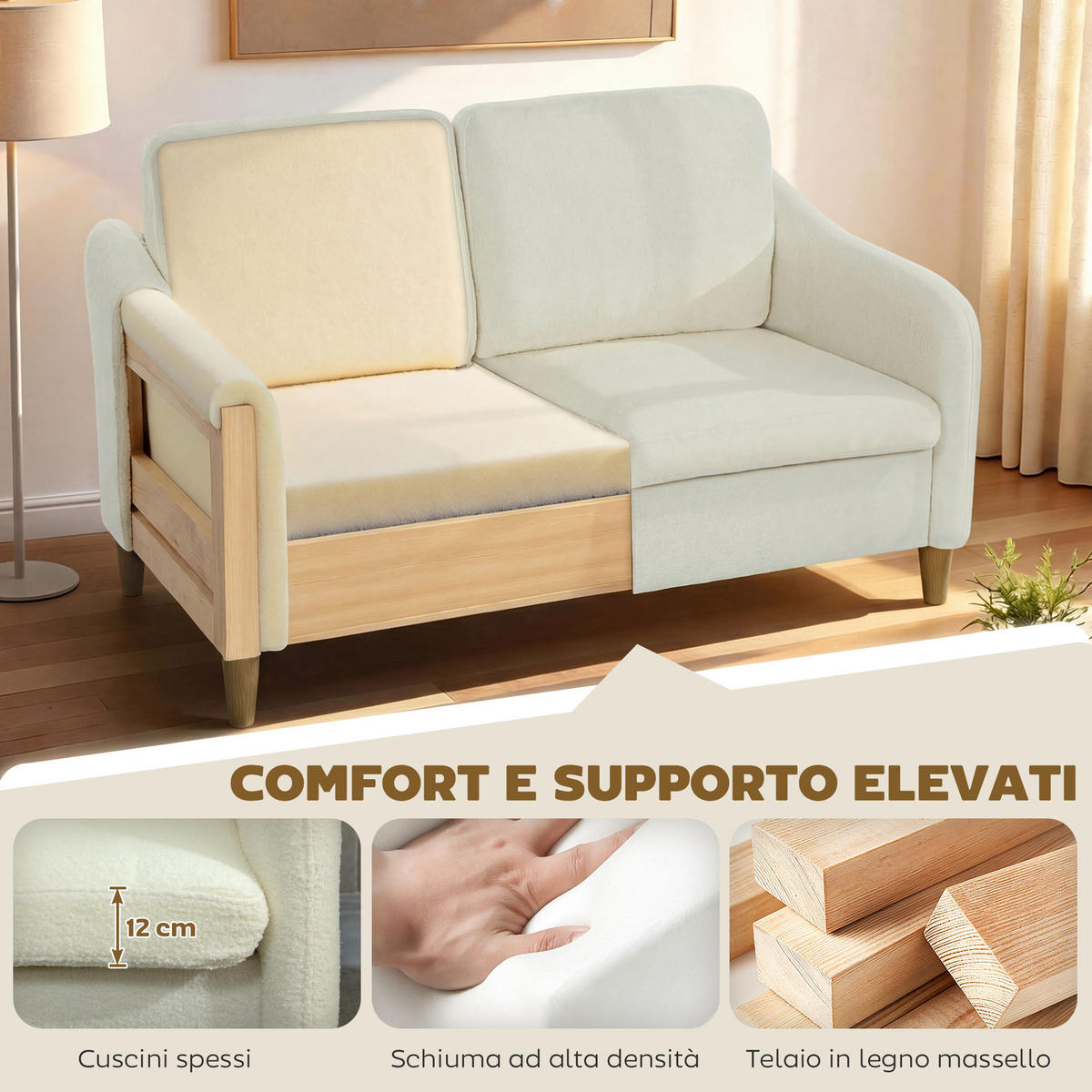 SOFA, 2-Sitzer, Sherpa-Bezug, dicke Kissen, creme, 137x69x82cm - Multicolor, Holzwerkstoff (137/82/69cm) - FORIOUS