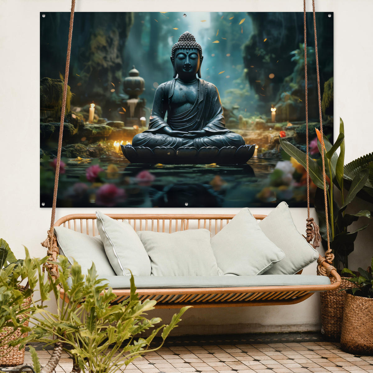 ZAHRADNÍ PLAKÁT Buddha - Socha - Buddha - Zen - Umění - Buddha 180x120 cm - tmavě šedá, plast (180/120/0.2cm) - OnlyWow