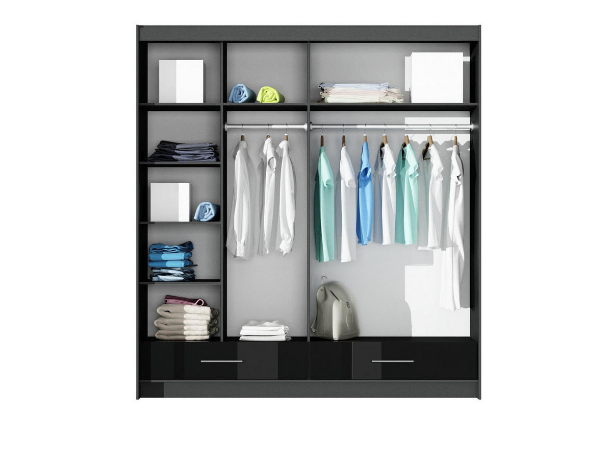 SCHWEBETÜRENSCHRANK SENNA 208/222/61 cm 2-türig mit Spiegel Schwarz - Schwarz, Holzwerkstoff (208/222/61cm) - MASSENO