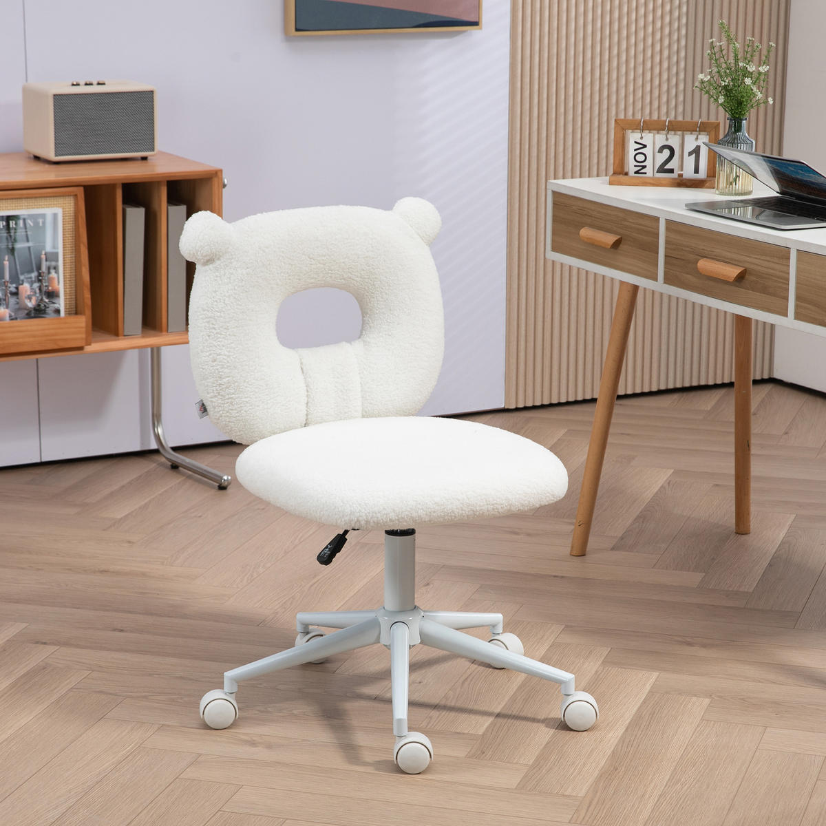 BÜROSTUHL Höhenverstellbarer Schreibtischstuhl Teddy-Vlies Drehstuhl Weiß - Weiß, Kunststoff (56/90/50cm) - HOMCOM