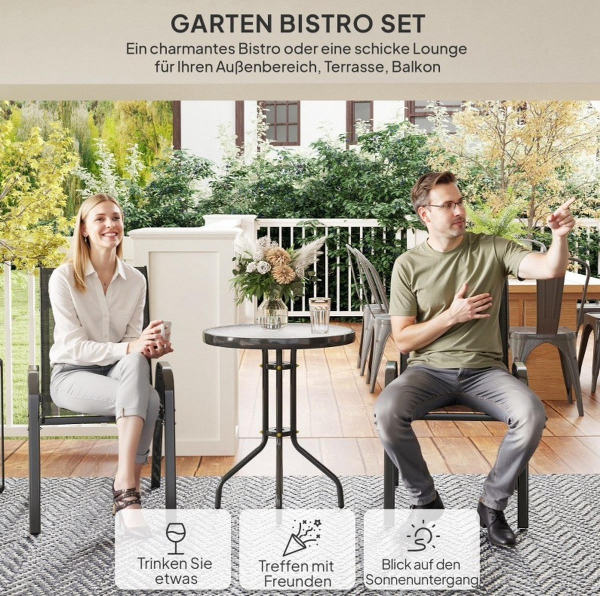 GARTENSETS aus Glas & Metall Ø60x71cm Schwarz mit stapelbaren Stühlen - Schwarz, Metall - Modfu