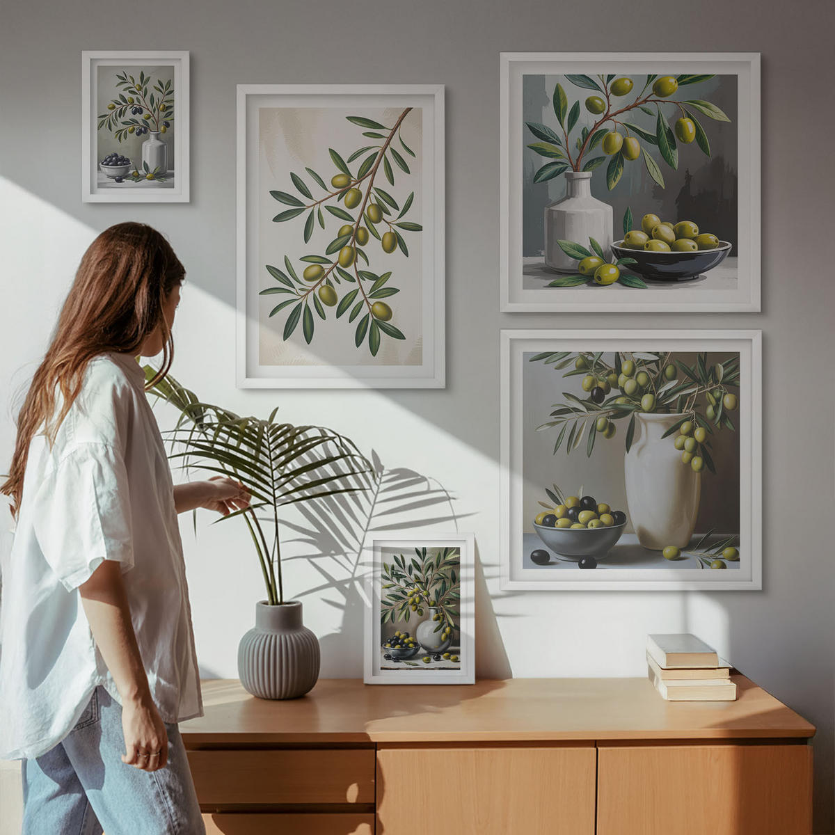 WANDBILDER 5er-Set - 50x50 cm & 20x30 cm & 40x60 cm Weißer Rahmen - Oliven in grauen Vasen - Weiß, Kunststoff (40/60cm) - ArtPrintCave